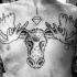 Mystical cult style black ink chest tattoo of elk with three eyes and diamond