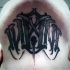 Mystical demonic black work style neck tattoo of ambigram
