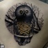 Mystical engraving style colored upper back tattoo of owl with ornaments
