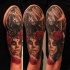 Mystical looking colored shoulder tattoo of Mexican woman portrait and Death skeleton