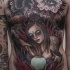 Mystical old school style demonic witch with crows tattoo on whole chest