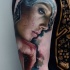 Natural looking colored shoulder tattoo of bloody woman portrait