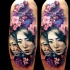 Natural looking colored shoulder tattoo of japanese women with blooming flowers