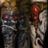 Neo japanese style colored arm tattoo of demonic masks with skull