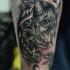 Neo japanese style colored demonic mask tattoo with leaves
