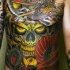 Neo japanese style colorful whole chest tattoo of mystical skull and dragon