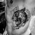 Neo traditional black ink side tattoo of tiger head and lettering