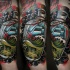 Neo traditional style colored arm tattoo of big bottle with sailing ship and skeleton