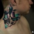 Neo traditional style colored neck tattoo of geometrical figures with human skull