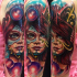 Neo traditional style colored shoulder tattoo of fantasy woman with mask