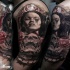 Neo traditional style colored shoulder tattoo of crying woman with skull, crow and roses