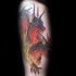 Neo traditional style colored tattoo of Cerberus with flames