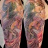 New school illustrative style colored shoulder tattoo of woman win beautiful dress