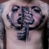 New school style chest tattoo of woman face stylized with human hands