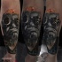 New school style colored arm tattoo creepy man with glasses