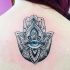New school style colored back tattoo of Hamsa symbol