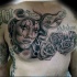 New school style colored chest tattoo of woman with roses and lettering