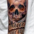 New school style colored detailed human skull tattoo on forearm with lettering