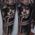 New school style colored forearm tattoo of crying girl in hood with cross