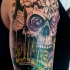 New school style colored human skull with flowers and butterflies tattoo on shoulder