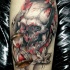 New school style colored leg tattoo of bloody demonic skull with sand clock