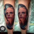 New school style colored leg tattoo of woman with needles