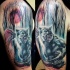 New school style colored shoulder tattoo of blood werewolf and dark forest