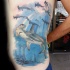 new school style colored side tattoo of hammerhead sharks with underwater ruins