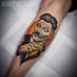 New school style colored tattoo of man portrait with razor blade
