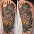 New school style colored thigh tattoo of deer woman with fan and lettering