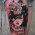New school style colored thigh tattoo of woman with lettering