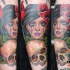 New school style forearm tattoo of woman portrait with human skull
