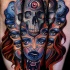 New school style mystical half human half animal tattoo with skull