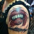 New school style shoulder tattoo of vampire woman mouth