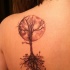 Tatuaje en el hombro, árbol con raíces y luna