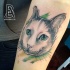 Nice cat with green eyes tattoo on forearm with green haze