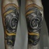 Nice looking colored forearm tattoo of old divers suit with skeleton