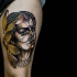 Nice looking colored thigh tattoo of beautiful woman with flower