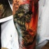 Old comic book style painted big Hulk in city tattoo