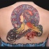 Old school nice colored big upper back tattoo of ancient queen combined with mystical tablet