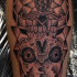 Old school style black ink leg tattoo of creepy skull with dagger