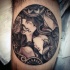 Old school style circle shaped leg tattoo of woman portraits