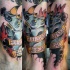 Old school style colored leg tattoo of rhino with lettering and flames