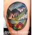 Old school style colored tattoo of night camping in mountains