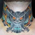 Old school style mystique flying owl with flashes colored neck tattoo