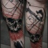 Original combined vintage style engineering tattoo with 3D human skull on leg