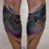 Original designed and colored on legs tattoo of bike stunt rider