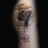 Photoshop style black ink shoulder tattoo of crow with lettering