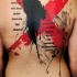 Photoshop style colored back tattoo of big red cross with lettering
