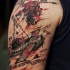 Photoshop style colored shoulder tattoo of flying plane with lettering